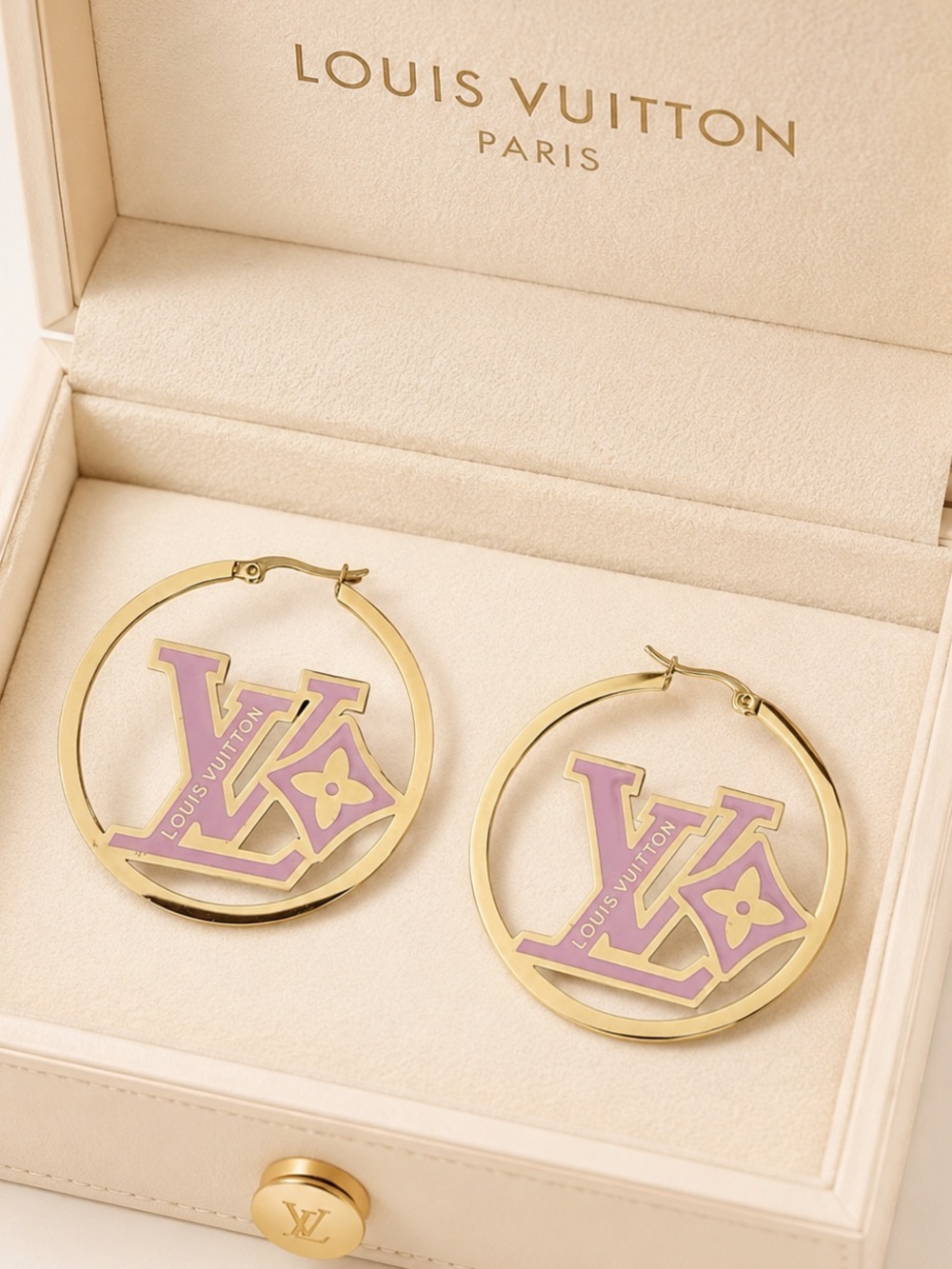 LV Gold Hoop Earrings with Pink Enamel
